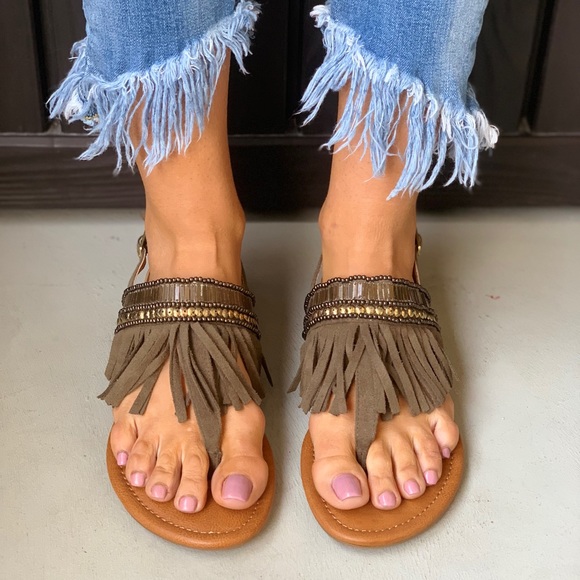 Distressed Fringe Embellished T-Strap Boho Sandal - Picture 2 of 6